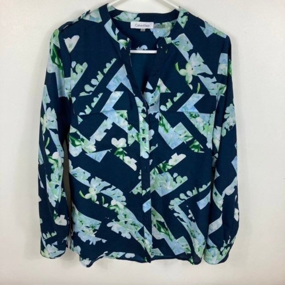 Womens Calvin Klein Floral Trellis Button Blouse Shirt S‎